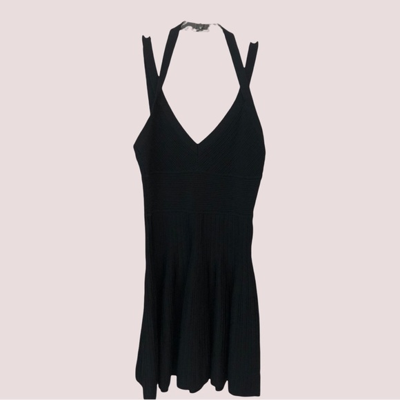 BCBGMaxAzria cocktail dress black ribbed mini full skirt, straps, Sz S, Elegant! - Picture 9 of 16